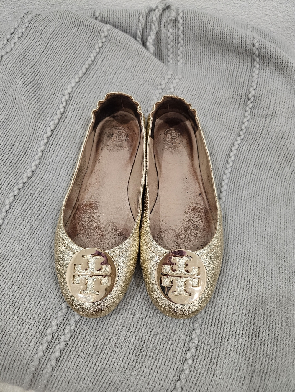 Tory Burch Metallic Gold Logo Ballet Flats